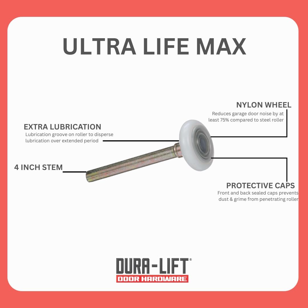 DURA-LIFT Ultra-Life MAX 2" Sealed 6200ZZ Bearing Nylon Garage Door Roller, 4" Stem, Pack of 10