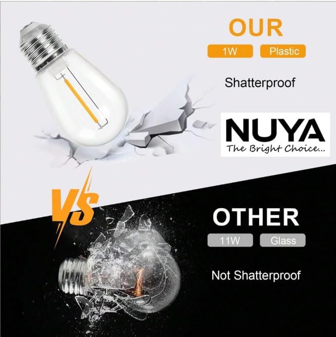 NUYA 15-Pack LED 1W String Light Bulbs, S14 Plastic Shatterproof Edison Vintage Style Replacement 1 Watt Outdoor 2200K, Waterproof, Warm White Equivalent to 11w, e26 Base