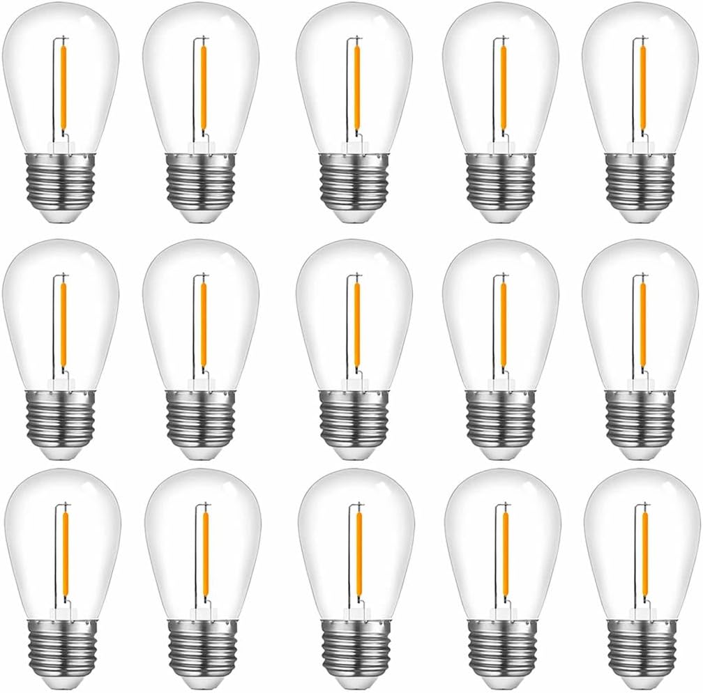 NUYA 15-Pack LED 1W String Light Bulbs, S14 Plastic Shatterproof Edison Vintage Style Replacement 1 Watt Outdoor 2200K, Waterproof, Warm White Equivalent to 11w, e26 Base