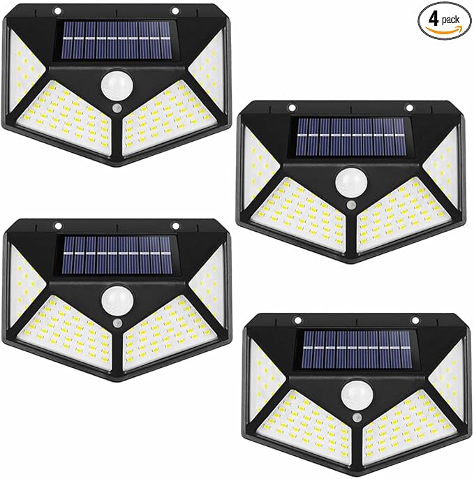 NUYA Solar Light Outdoor 4 Pack, 100LED 3 Mode 270° Lighting Angle Motion Sensor Security Lights, Solar Powered IP65 Waterproof Wall Lights, Bright LED for Backyard Garden Fence Patio Front Door