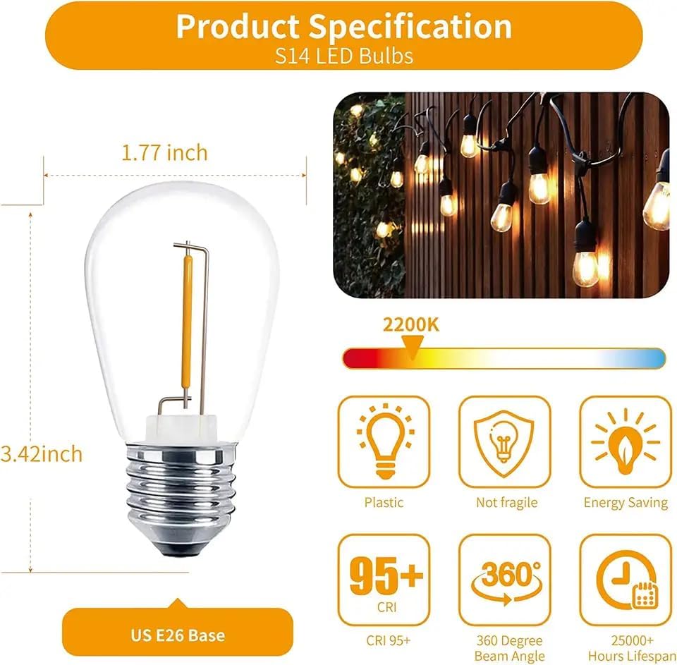 NUYA 25-Pack LED 1W String Light Bulbs, S14 Plastic Shatterproof Edison Vintage Style Replacement 1 Watt Outdoor 2200K, Waterproof, Warm White Equivalent to 11w, e26 Base