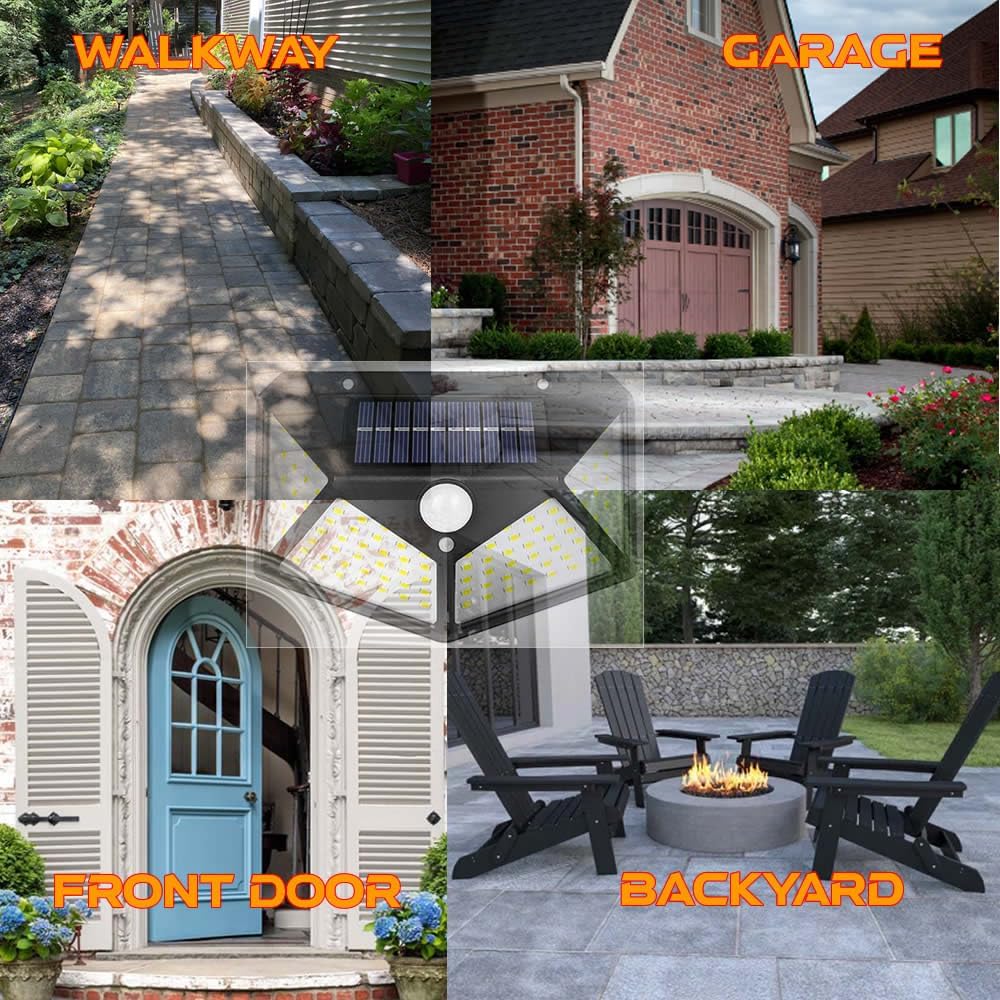 NUYA Solar Light Outdoor 4 Pack, 100LED 3 Mode 270° Lighting Angle Motion Sensor Security Lights, Solar Powered IP65 Waterproof Wall Lights, Bright LED for Backyard Garden Fence Patio Front Door