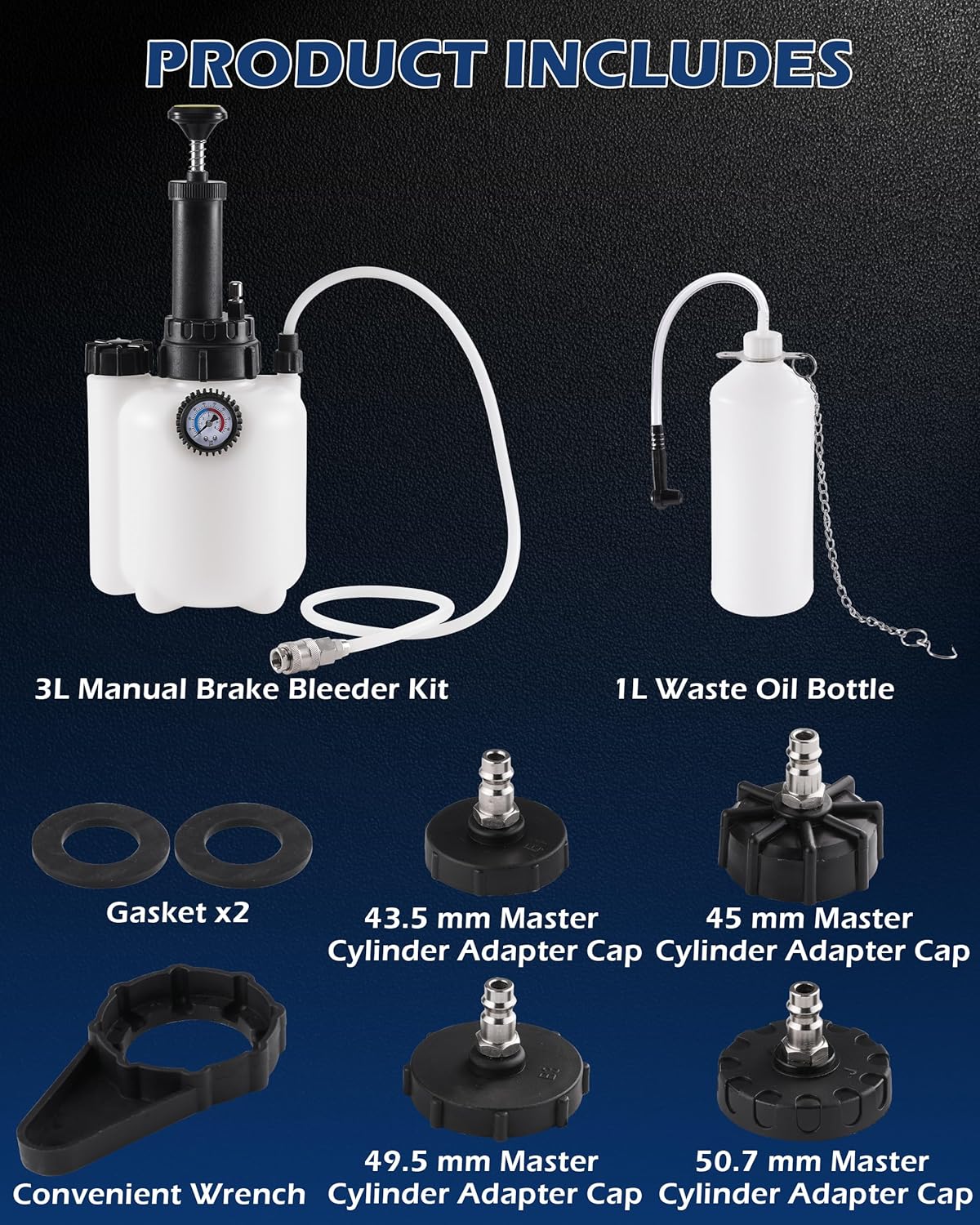3L Brake Fluid Bleeder Kit w/ 1L Catch Bottle, Pressure Brake Bleeding Tool, Manual Power Bleeder Pump for Flush Brakes and Clutch System, Upgraded Adapters (43.5/45/49.5/50.7mm) for Master Cylinders