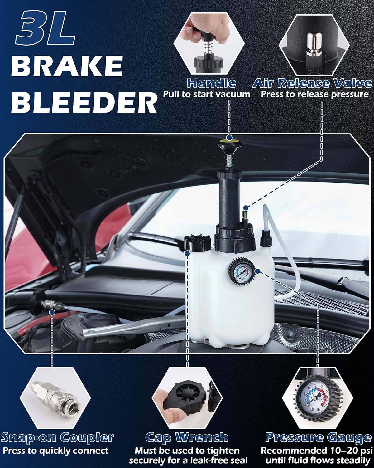 3L Brake Fluid Bleeder Kit w/ 1L Catch Bottle, Pressure Brake Bleeding Tool, Manual Power Bleeder Pump for Flush Brakes and Clutch System, Upgraded Adapters (43.5/45/49.5/50.7mm) for Master Cylinders