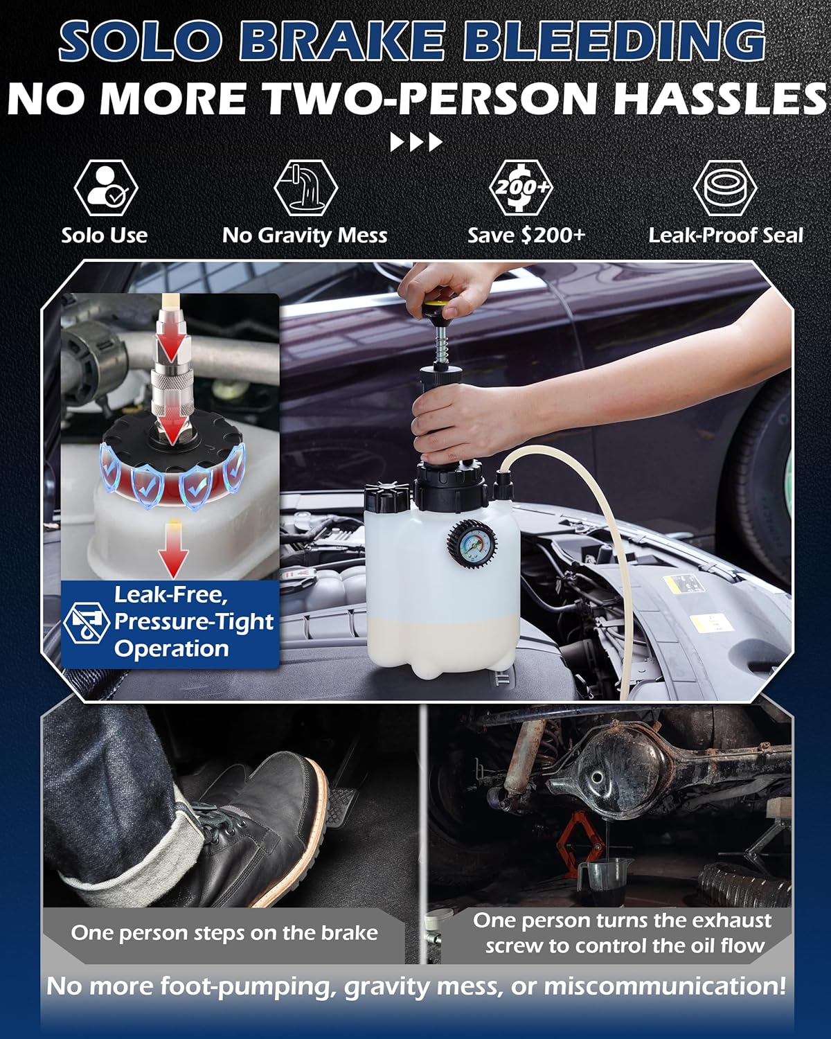 3L Brake Fluid Bleeder Kit w/ 1L Catch Bottle, Pressure Brake Bleeding Tool, Manual Power Bleeder Pump for Flush Brakes and Clutch System, Upgraded Adapters (43.5/45/49.5/50.7mm) for Master Cylinders