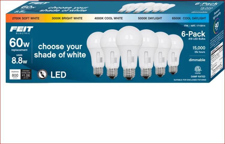 Feit Electric 60W Replacement 5-CCT LED A19 Bulbs, 6-pack
