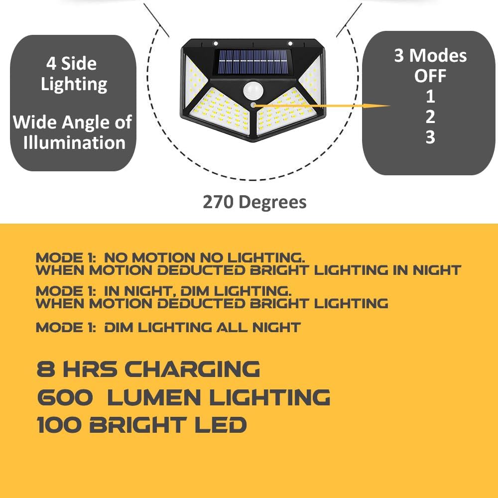 NUYA Solar Light Outdoor 4 Pack, 100LED 3 Mode 270° Lighting Angle Motion Sensor Security Lights, Solar Powered IP65 Waterproof Wall Lights, Bright LED for Backyard Garden Fence Patio Front Door