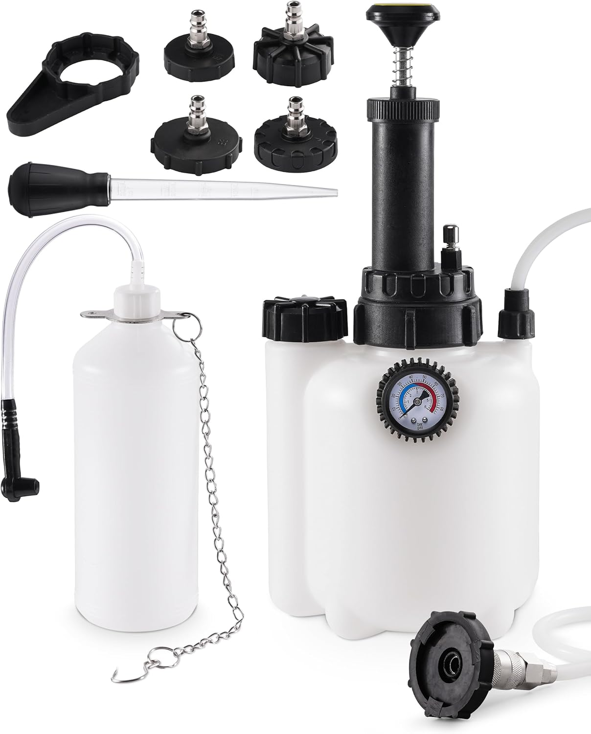 3L Brake Fluid Bleeder Kit w/ 1L Catch Bottle, Pressure Brake Bleeding Tool, Manual Power Bleeder Pump for Flush Brakes and Clutch System, Upgraded Adapters (43.5/45/49.5/50.7mm) for Master Cylinders