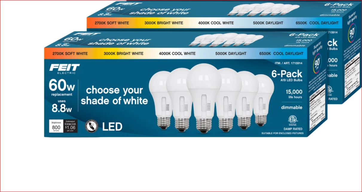 Feit Electric 60W Replacement 5-CCT LED A19 Bulbs, 12-pack